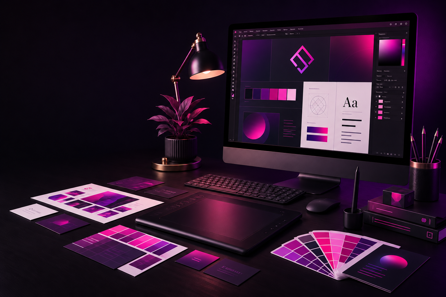 Premium graphic design workstation and visual identity materials