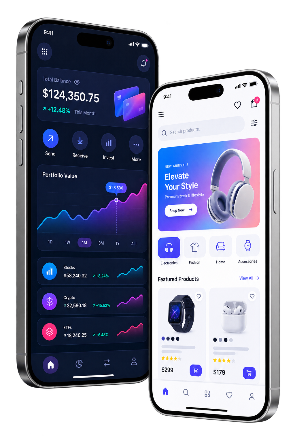 Two premium mobile app interfaces