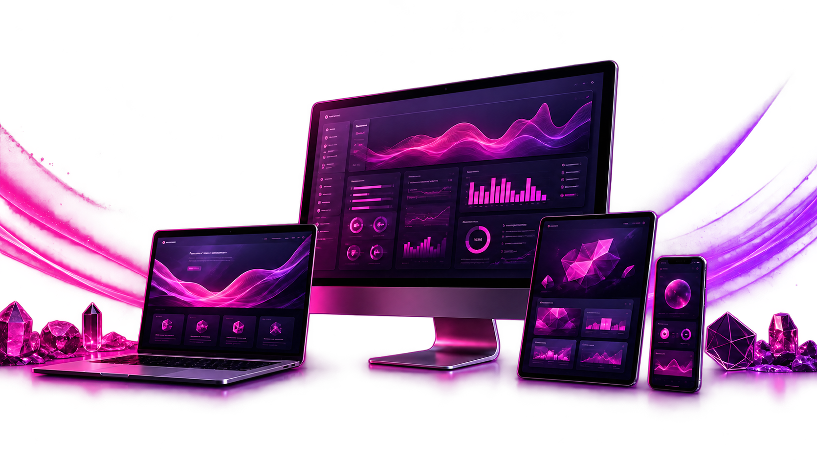 Responsive portfolio interfaces displayed across desktop, laptop, tablet, and mobile devices