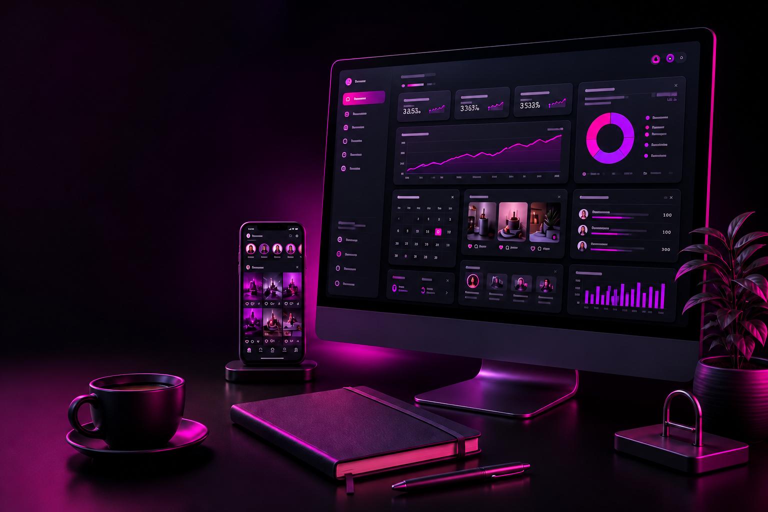 Social media analytics dashboard on desktop and mobile